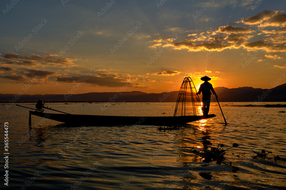 INLE, MYANMAR - JANUARY 27, Myanmar Inle Lake Burmese Fisherman On Boat Catching Fish By Traditiona. January 27, 2017.