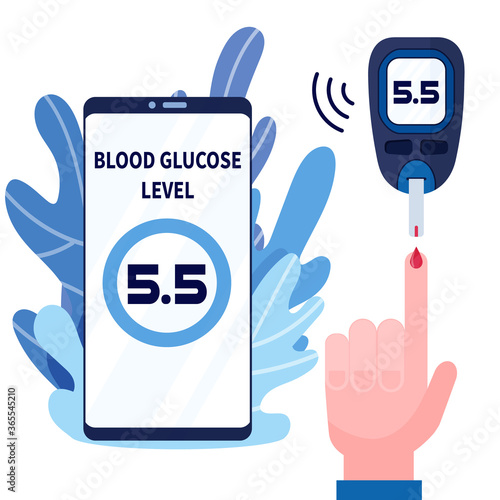 Human hand with blood drop and glucose testing meter with wireless data transfer to your smartphone. Mobile app and glucometer for diabetes testing. Flat vector concept of monitoring diabetes.