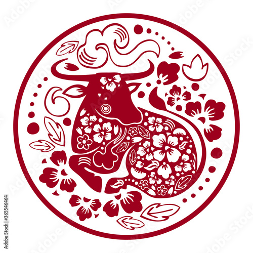 Chinese New Year 2021 design template. The Year of the Ox. Vector papercut silhouette illustration with laying cow and flowers in circle