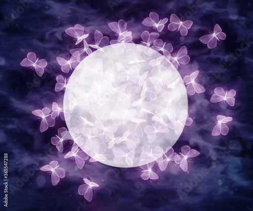 Fotografie moths fly into the moonlight, attraction concept, 3d render