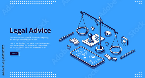 Legal advice banner. Online assistance of lawyer for regulation legal issues for compliance to rules. Vector landing page of advocate services with isometric illustration of scales and phone call