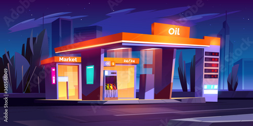 Oil station at night. Noctidial cars refueling service. All day petrol shop and market buildings, price display and pump hoses, fuel selling for urban vehicles, gas refill, Cartoon vector illustration