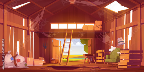 Abandoned barn interior with broken furniture, spiderweb and destroyed floor. Neglected farm house, ranch with haystacks, sacks, fork and open gate, old storehouse building Cartoon vector illustration