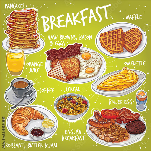 Hand drawn vector illustration set of breakfast varieties.