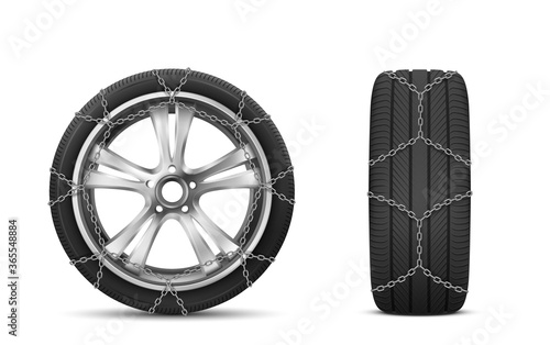 Car tires with snow chains for winter road front and side view, rubber tyre with steel covers, automobile wheels. Modern automotive equipment for mechanic shop service realistic 3d vector illustration