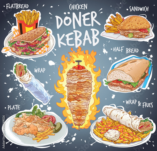 Hand drawn vector illustration set of chicken doner kebabs varieties.