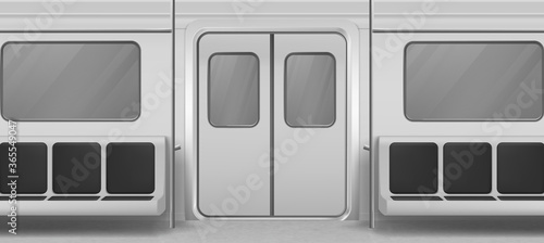 Subway wagon interior inside view with door, seats and windows. Empty metro, underground tube design Modern public railway, metropolitan railroad urban transportation. Realistic 3d vector illustration