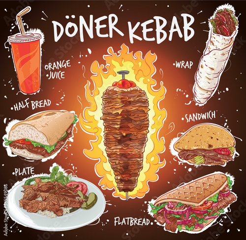 Hand drawn vector illustration set of doner kebabs varieties. photo