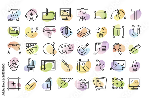 Set line icons of graphic design. Simple vector linear icons in a modern style flat. Graphic design, creative package, software.