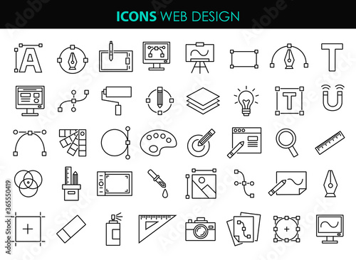 Set line icons of graphic design. Simple vector linear icons in a modern style flat. Graphic design, creative package, software.