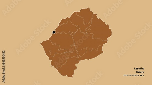 Quthing, district of Lesotho, with its capital, localized, outlined and zoomed with informative overlays on a solid patterned map in the Stereographic projection. Animation 3D photo