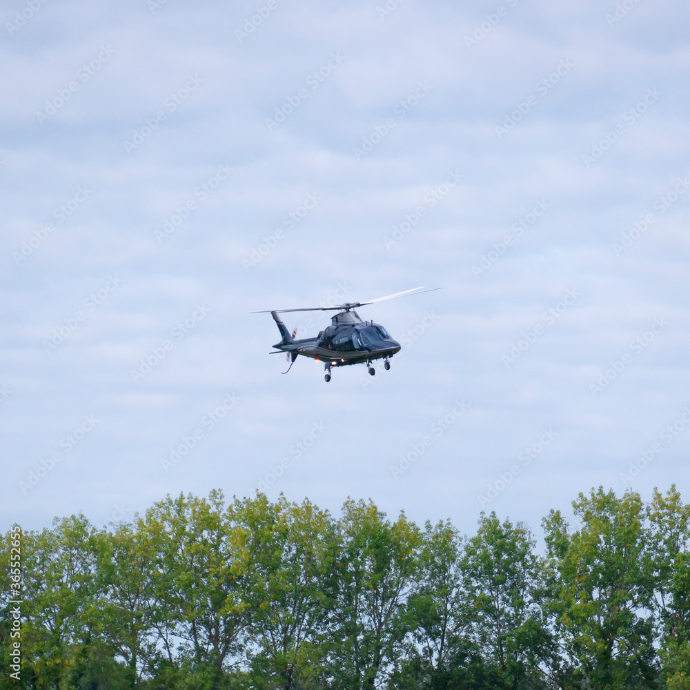 Helicopter Hovering In Flight Above Tree Line Helicopter Hovering In Flight Above Tree Line