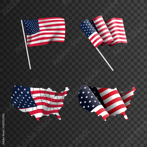 USA flag vector set. American map, national symbol of united states, with stars and stripes. Illustration of freedom, independence set of flagged patriotic emblem isolated on transparent background.