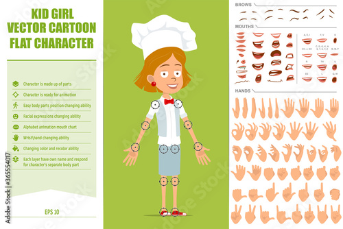 Cartoon flat funny chef cook girl character in white uniform and baker hat. Ready for animations. Face expressions, eyes, brows, mouth and hands easy to edit. Isolated on olive background. Vector set.