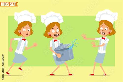 Cartoon flat funny little chef cook girl character in white uniform and baker hat. Kid running and carrying stew pot with hot water. Ready for animation. Isolated on olive background. Vector set.