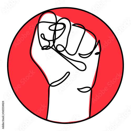 Continuous line drawing of strong fist raised up in red cicrle. Human arm with clenched fingers, one line drawing vector illustration. Concept of protest, revolution, equality, fight for human rights.