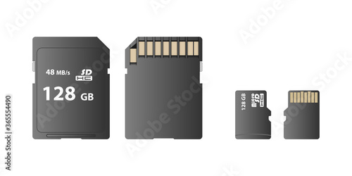 Memory card, SD card and micro SD card isolated on white background, front and back view, vector illustration photo