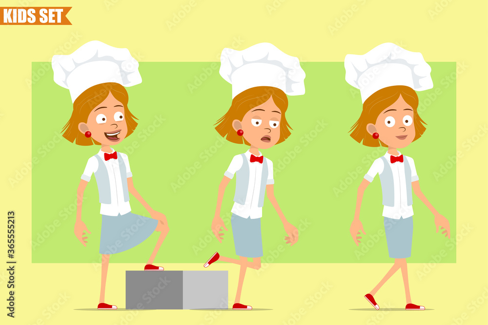 Cartoon flat funny little chef cook girl character in white uniform and baker hat. Successful tired kid walking forward to her goal. Ready for animation. Isolated on olive background. Vector set. Cartoon flat funny little chef cook girl character in white uniform and baker hat. Successful tired kid walking forward to her goal. Ready for animation. Isolated on olive background. Vector set.