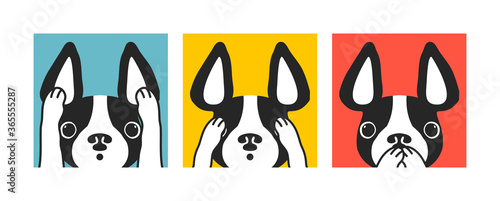 Cute cartoon french bulldog. Hand drawn vector illustration. Three dogs with characters - see no evil, hear no evil, speak no evil. 