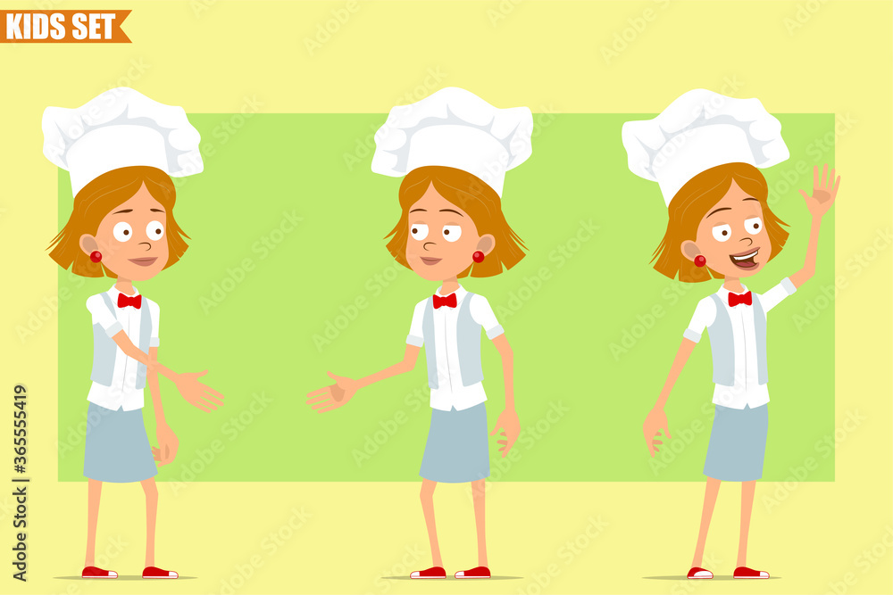 Cartoon flat funny little chef cook girl character in white uniform and baker hat. Kid shaking hands and showing hello gesture. Ready for animation. Isolated on olive background. Vector set. Cartoon flat funny little chef cook girl character in white uniform and baker hat. Kid shaking hands and showing hello gesture. Ready for animation. Isolated on olive background. Vector set.