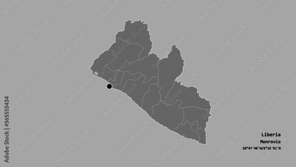 Sinoe, county of Liberia, with its capital, localized, outlined and zoomed with informative overlays on a bilevel map in the Stereographic projection. Animation 3D Sinoe, county of Liberia, with its capital, localized, outlined and zoomed with informative overlays on a bilevel map in the Stereographic projection. Animation 3D