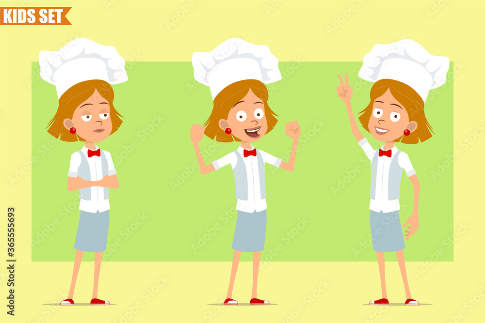 Cartoon flat funny little chef cook girl character in white uniform and baker hat. Kid showing strong muscles and peace sign. Ready for animation. Isolated on olive background. Vector set. Cartoon flat funny little chef cook girl character in white uniform and baker hat. Kid showing strong muscles and peace sign. Ready for animation. Isolated on olive background. Vector set.
