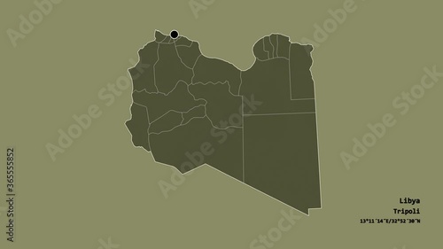 Al Butnan, district of Libya, with its capital, localized, outlined and zoomed with informative overlays on a administrative map in the Stereographic projection. Animation 3D photo