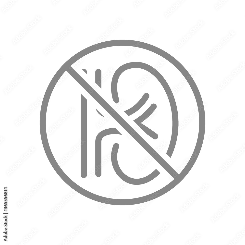 Kidney with prohibition sign line icon. Amputation internal organ, no kidney, transplant rejection symbol Kidney with prohibition sign line icon. Amputation internal organ, no kidney, transplant rejection symbol