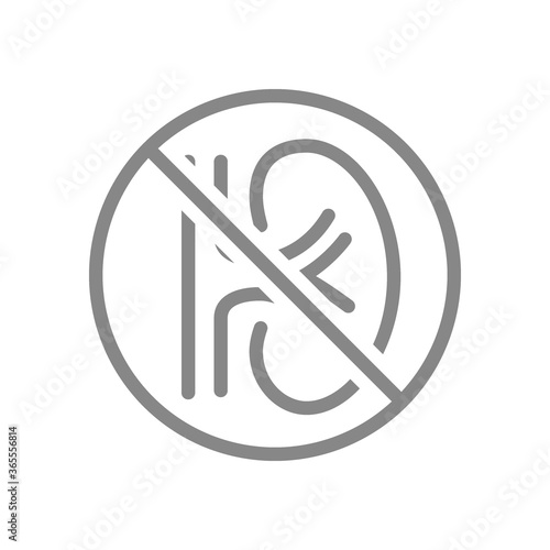 Kidney with prohibition sign line icon. Amputation internal organ, no kidney, transplant rejection symbol