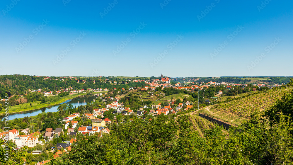 Meißen, Stadtansicht mit Weinbergen, Dom, Albrechtsburg und Elbe