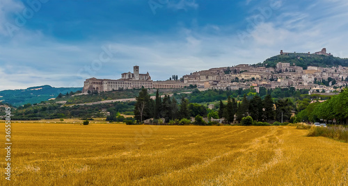 A view across the fields towards the town of Assisi, Umbria, Italy and the Basilica of Saint Francis in the summertime