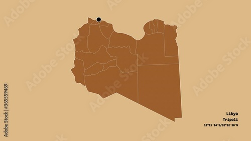 Darnah, district of Libya, with its capital, localized, outlined and zoomed with informative overlays on a solid patterned map in the Stereographic projection. Animation 3D photo