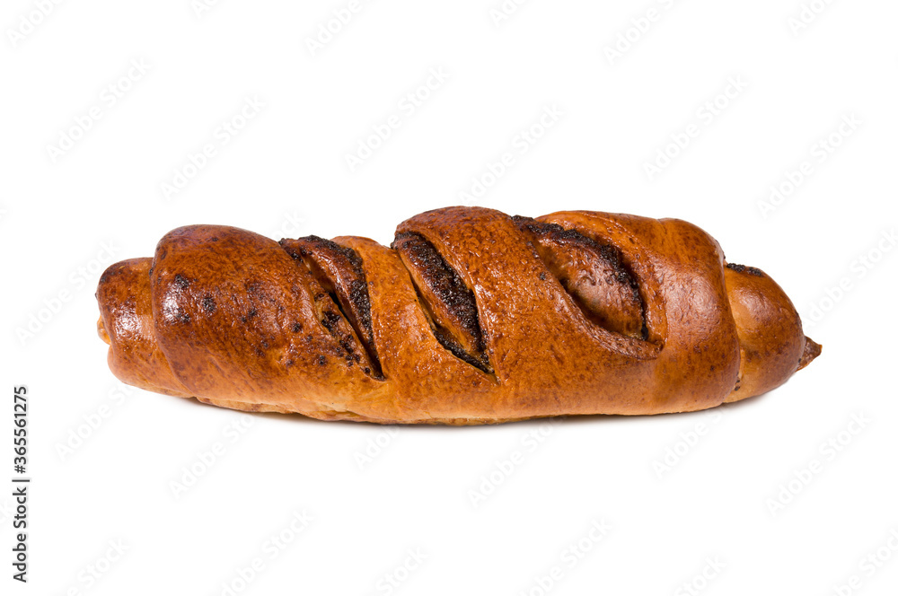 Freshly baked sweet roll with poppy seeds isolated on white background. Fresh bakery. Freshly baked sweet roll with poppy seeds isolated on white background. Fresh bakery.