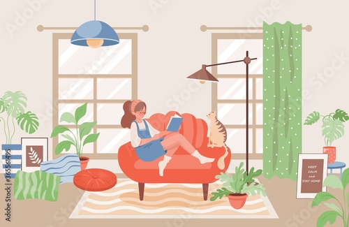 Young girl sitting in comfortable sofa with domestic cat and reading book vector flat illustration. Modern cozy living room interior design concept. Spend weekend and evening time at home and relax.