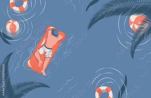 Man in swimming suit lying on air mattress in the sea or lake, chilling and sunbathing vector flat top view. Summer holidays at sea resort, enjoy seasonal recreation, weekend poster concept.