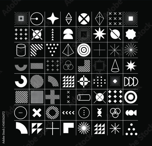 Set of abstract universal geometric elements and shapes for design. Futuristic neo-memphis composition on dark background. Vector illustration.