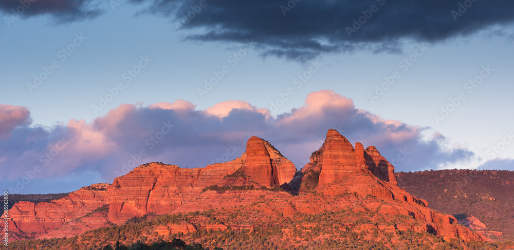 Thumb Butte and Red Rock Country in the late evening light above Sedona Arizona. 