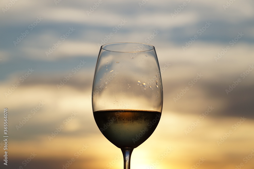 glass of white wine in a beautiful sunset / taça de vinho branco em um belo pôr do sol