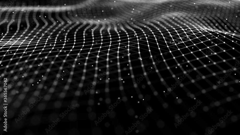 Abstract futuristic background. Wave of particles. Waves of dots and lines on dark background. 3d rendering.