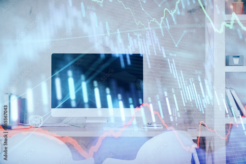 Multi exposure of stock market chart drawing and office interior background. Concept of financial analysis. Multi exposure of stock market chart drawing and office interior background. Concept of financial analysis.
