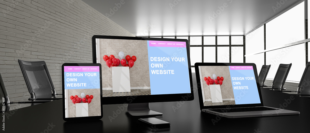 Company office with a big table and electronic devices 3d rendering mockup .3d illustration Company office with a big table and electronic devices 3d rendering mockup .3d illustration