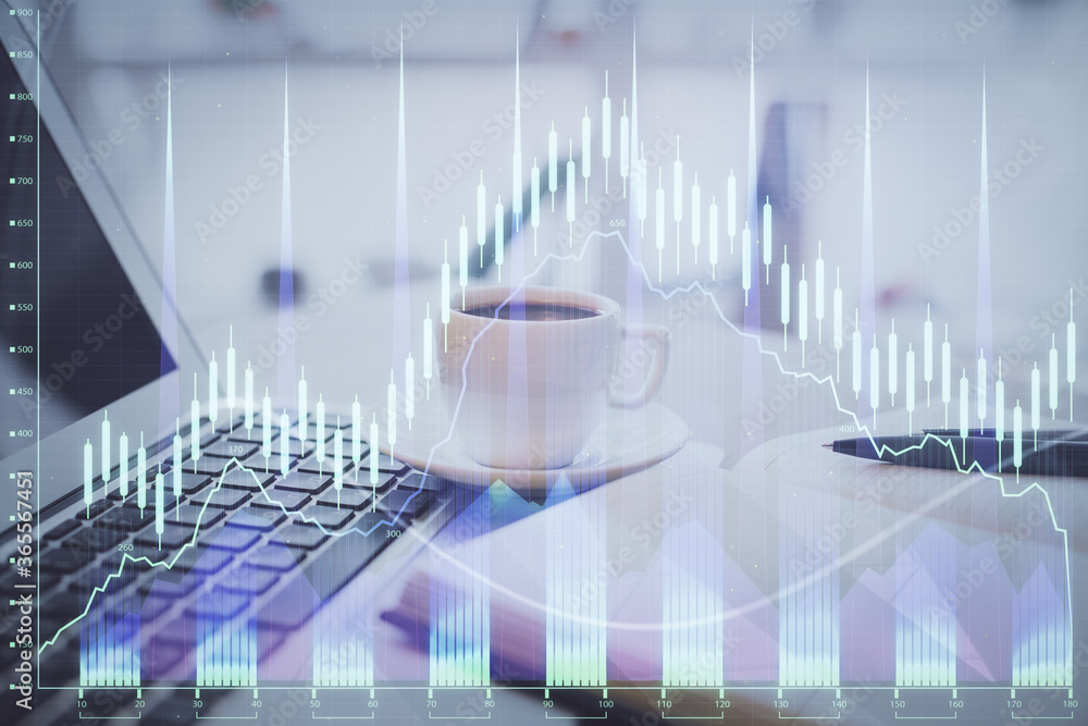 Double exposure of financial chart drawing and desktop with coffee and items on table background. Concept of forex market trading Double exposure of financial chart drawing and desktop with coffee and items on table background. Concept of forex market trading