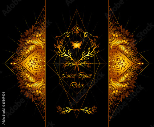 Template of deign  of Abstract decorative element in Boho Eastern  Ethnic style  or  Mandala  in gold for advertising  cosmetic or perfume or  hygiene products or tea
