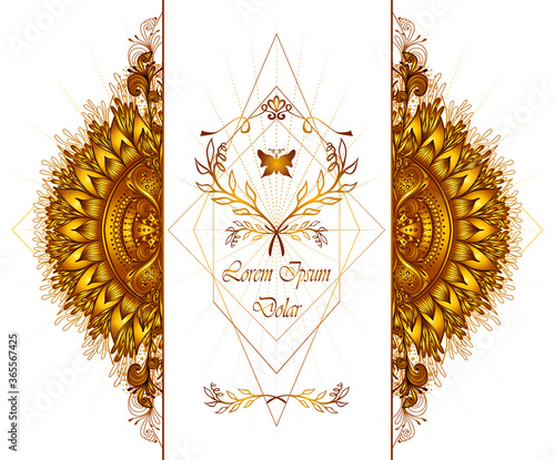 Template of deign  of Abstract decorative element in Boho Eastern  Ethnic style  or  Mandala  in gold for advertising  cosmetic or perfume or  hygiene products or tea