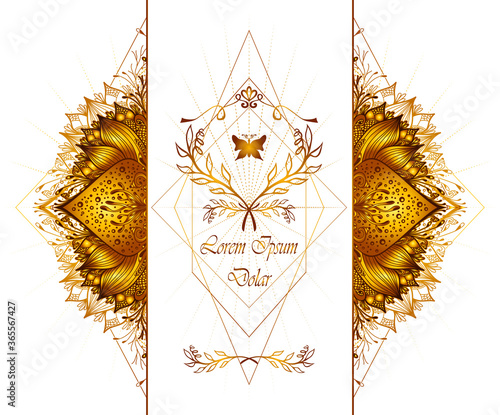Template of deign  of Abstract decorative element in Boho Eastern  Ethnic style  or  Mandala  in gold for advertising  cosmetic or perfume or  hygiene products or tea
