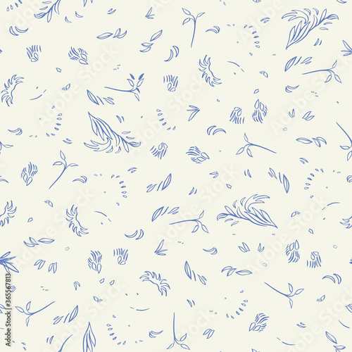 Vector classic line art ditsy floral seamless pattern with hand drawn historic florals on cream colored background. Nature background. Surface pattern design.