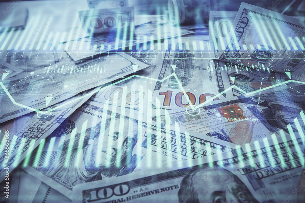 Fototapeta premium Double exposure of data theme drawing over us dollars bill background. Technology concept.
