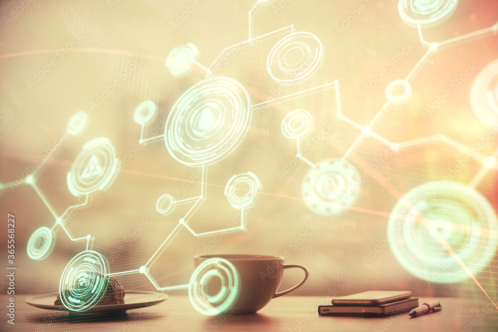Obraz premium Double exposure of social network theme drawing hologram over coffee cup background in office. Concept people connection.