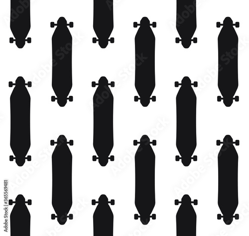 Vector seamless pattern of flat black longboard skateboard silhouette isolated on white background