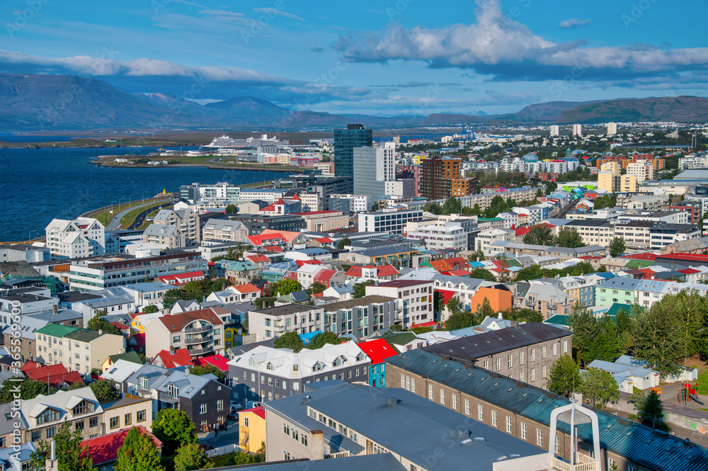 Reykjavik aerial view from Hallgrimskirkja on a beautiful summer afternoon